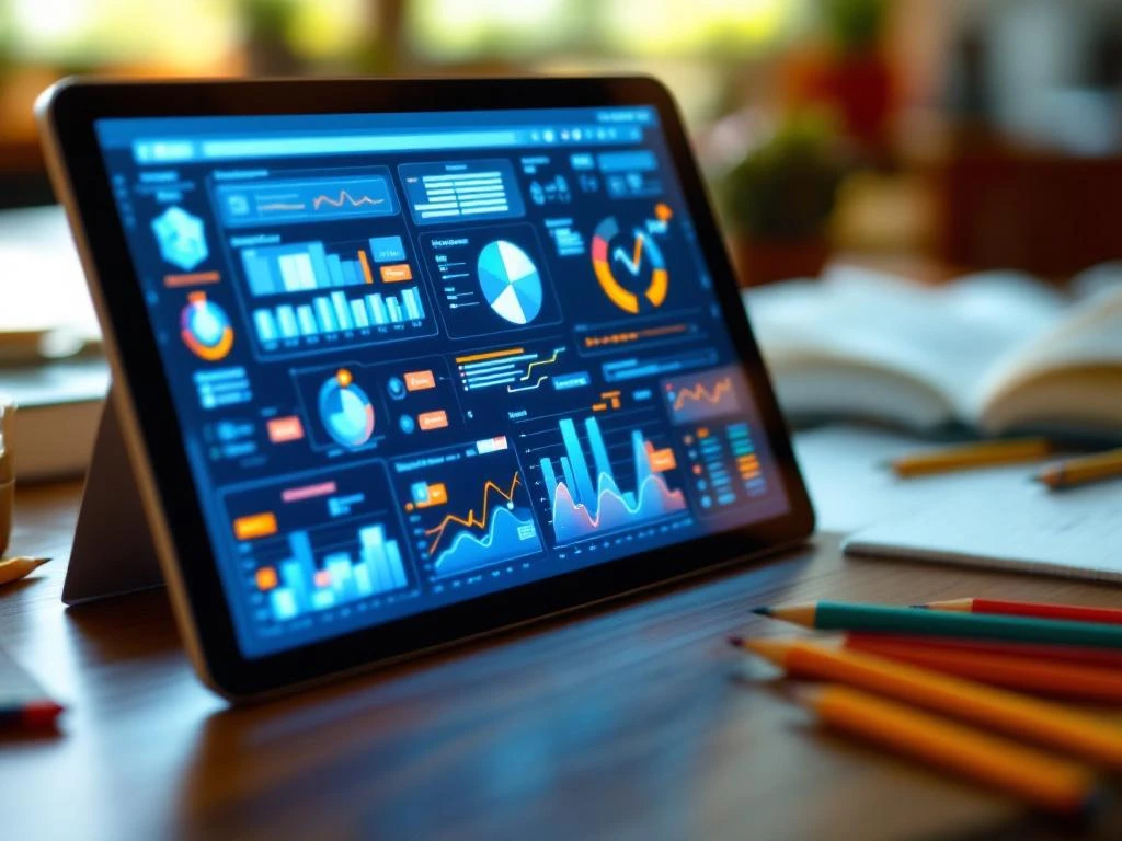 Tablet met kleurrijke onderwijsdata grafieken en FUWA systeem interface op houten bureau naast potloden en notitieboeken