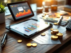 Rekenmachine en financiële documenten op houten bureau met euro bankbiljetten, munten en tablet met grafieken