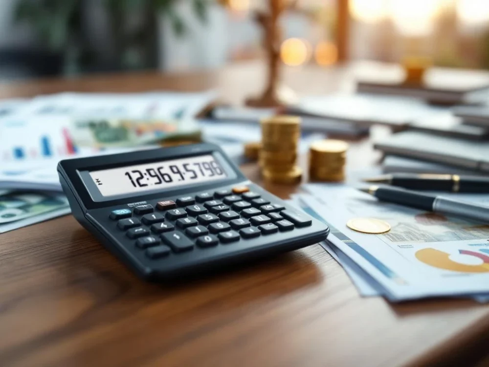 Rekenmachine met financiële cijfers omringd door eurobiljetten, Nederlandse onderwijsdocumenten en munten op houten bureau