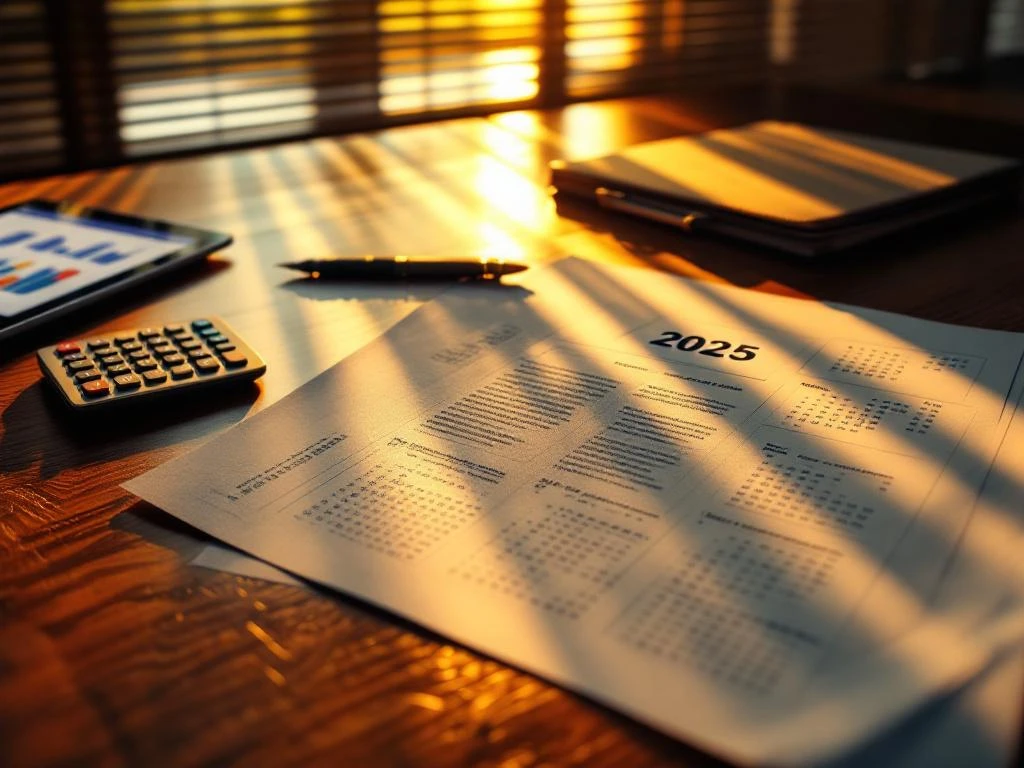 Officiële regelgevingsdocumenten en administratieve bestanden op houten bureau met 2025 kalender en rekenmachine