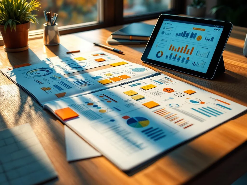 Open planningsnotitieboek met organisatieschema's en kleurrijke notities op houten bureau naast tablet