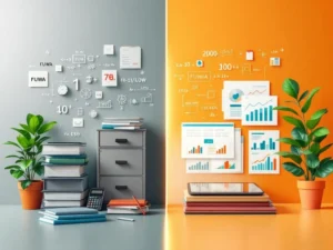 Vergelijking van traditionele papieren onderwijsplanning links en moderne digitale FUWA-methodologie rechts in split-screen