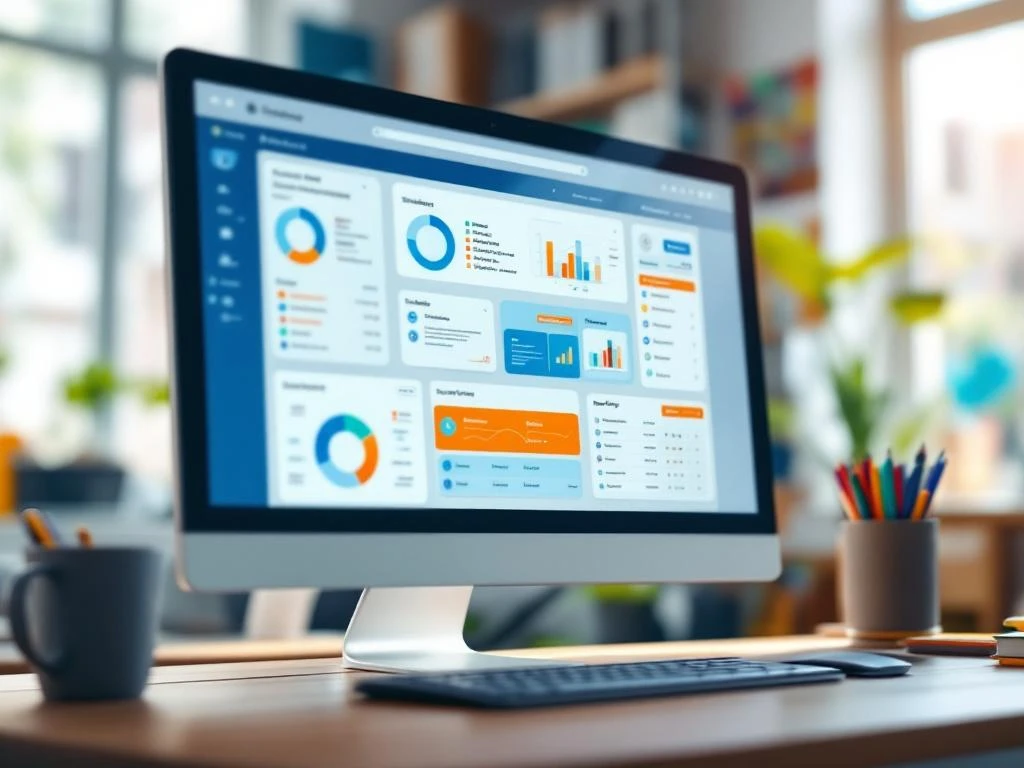 Computerscherm met kleurrijke educatieve software-interface toont grafieken en studentgegevens op houten bureau in klaslokaal
