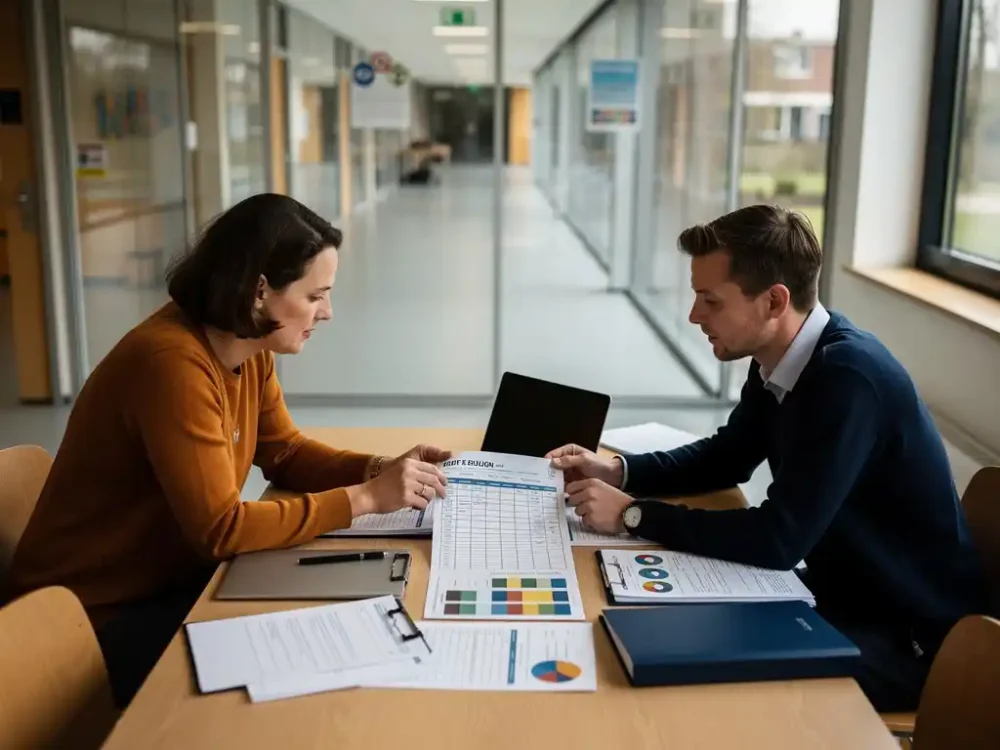 Schooldirecteur en personeelsraadslid bespreken een rooster aan tafel in een moderne Nederlandse school.