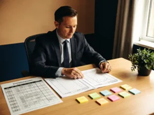 Schooldirecteur bekijkt personeelsplanning op houten bureau met lesrooster, gekleurde sticky notes en een kleine plant.