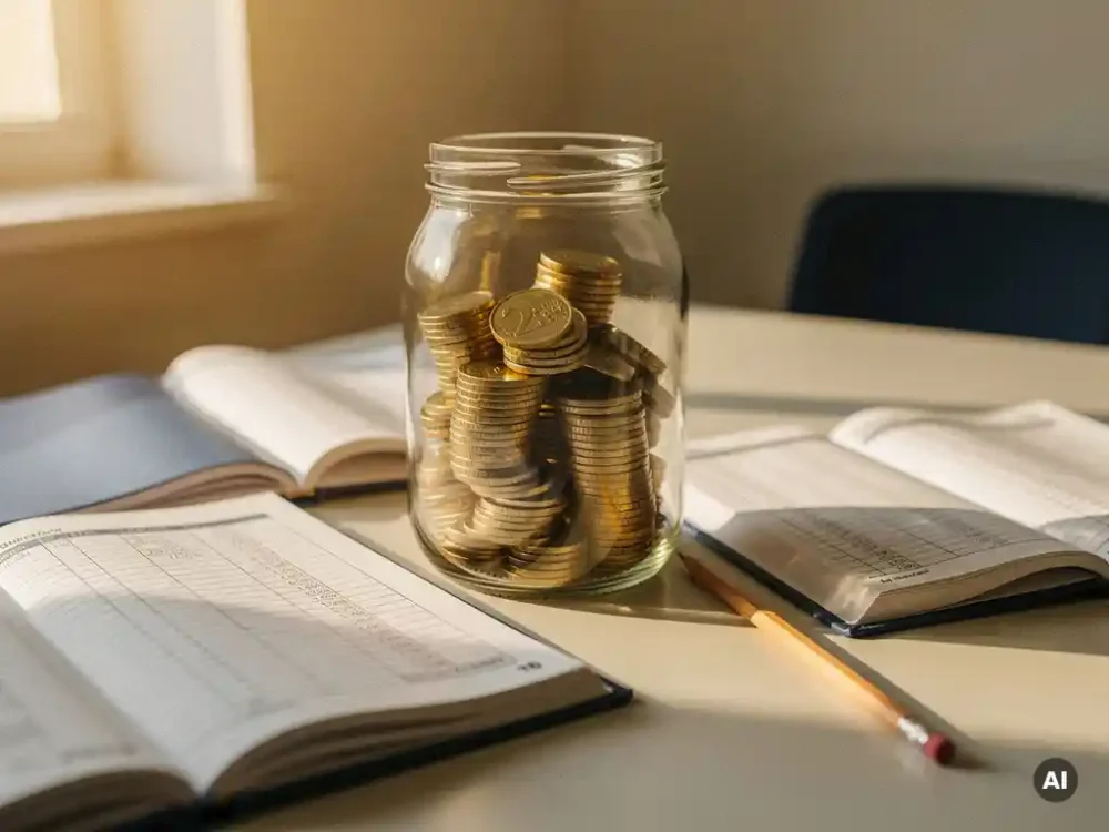 Glazen pot gevuld met gestapelde euromunten op een schoolbureau, omringd door opengeslagen financiële kasboeken en een potlood.