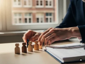 Schoolbeheerder rangschikt houten poppetjes op bureau naast budgetboek en personeelsrooster, Nederlandse school zichtbaar op achtergrond.