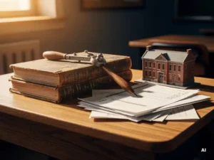 Eiken schoolbureau met financiële grootboeken, kompas en budgetrapporten naast een schaalmodel van een schoolgebouw in warm middaglicht.