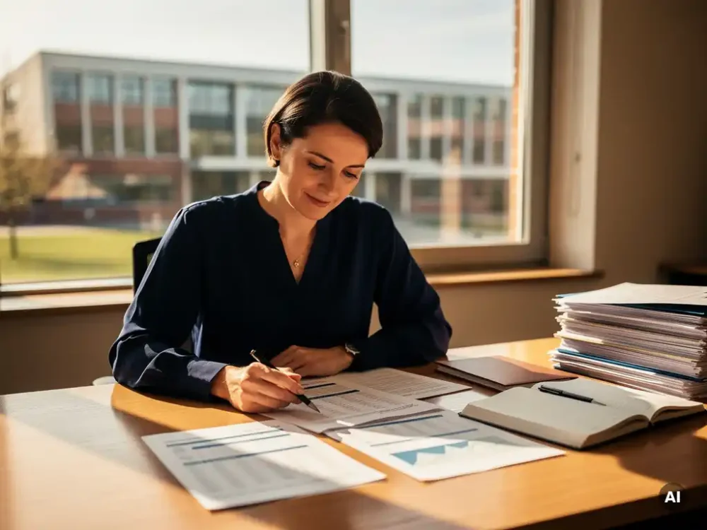 Financieel controller bestudeert begrotingsrapporten op houten bureau met schoolgebouw zichtbaar door raam op de achtergrond.