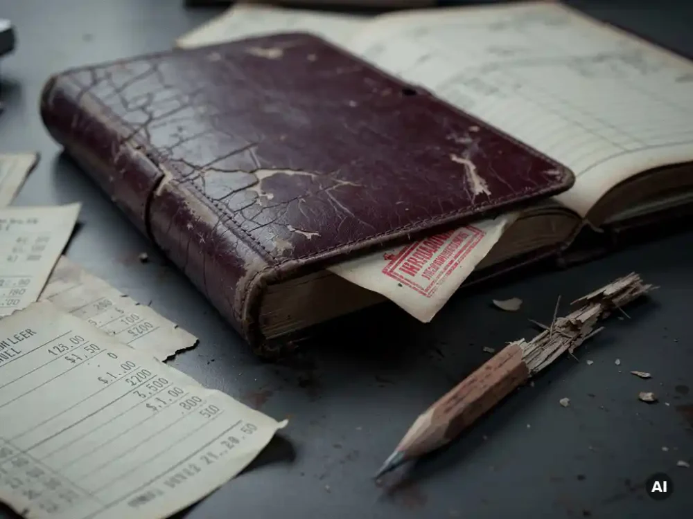 Opengeslagen versleten administratieboek op schoolbureau met financiële bonnen, gebroken potlood en gedeeltelijk zichtbaar rood waarschuwingsstempel.