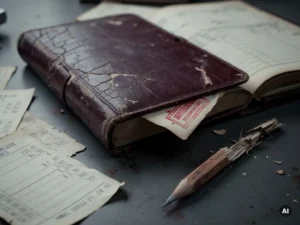 Opengeslagen versleten administratieboek op schoolbureau met financiële bonnen, gebroken potlood en gedeeltelijk zichtbaar rood waarschuwingsstempel.