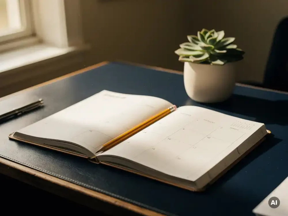 Schooladministrateur bureau met open jaarplanner, kwartaaloverzicht, potlood en kleine vetplant in zacht ochtendlicht.