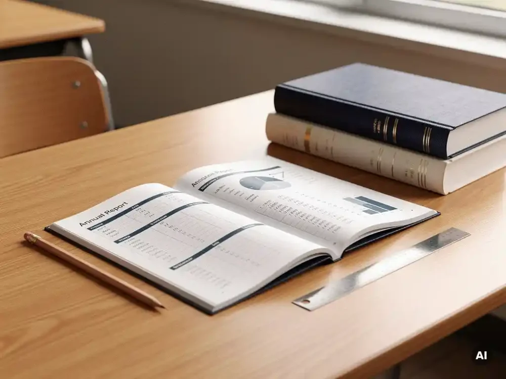 Jaarrapport van een school opengeslagen op een eikenhouten bureau met potlood, liniaal en financiële grootboeken in warm natuurlijk licht.